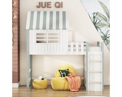 Kinderbed 90x200 cm Hoog-Laag Bed, Houten Multifunctioneel Bed met Veiligheidsladder, Opbergruimte en Lattenbodem – Groen