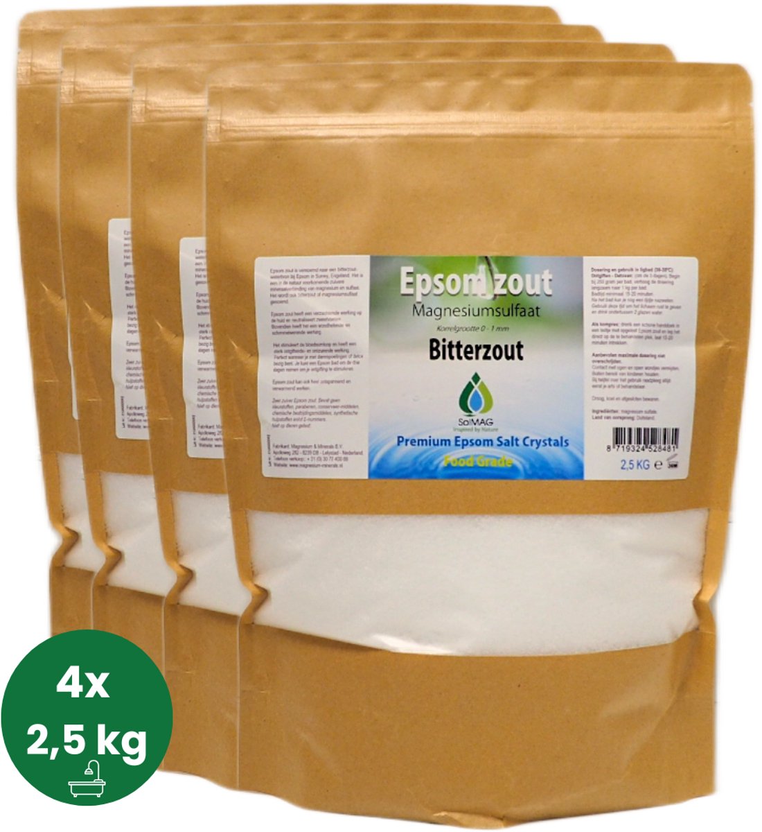 SoLMAG Epsom zout 10 kg (4x2,5 kg) - Bitterzout - Magnesium sulfaat - Badzout - Magnesium sulfate - Epsomzout - Epsom salt - Sal de Epsom - Epsombadzout - Voetenbad