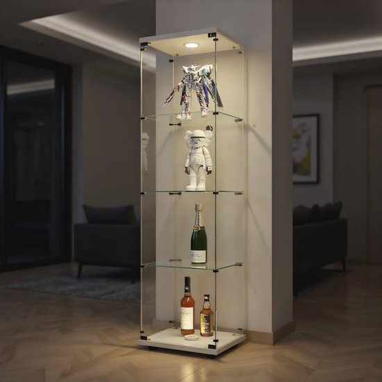Glazen vitrinekast, vitrinekast, led-verlichting met slot en 2 deuren, 4 vakken, vitrine met glas, verzamelaarsvitrine, led voor verzamelobjecten, boeken, modellen, speelgoed (2 deuren, 4 etages, wit