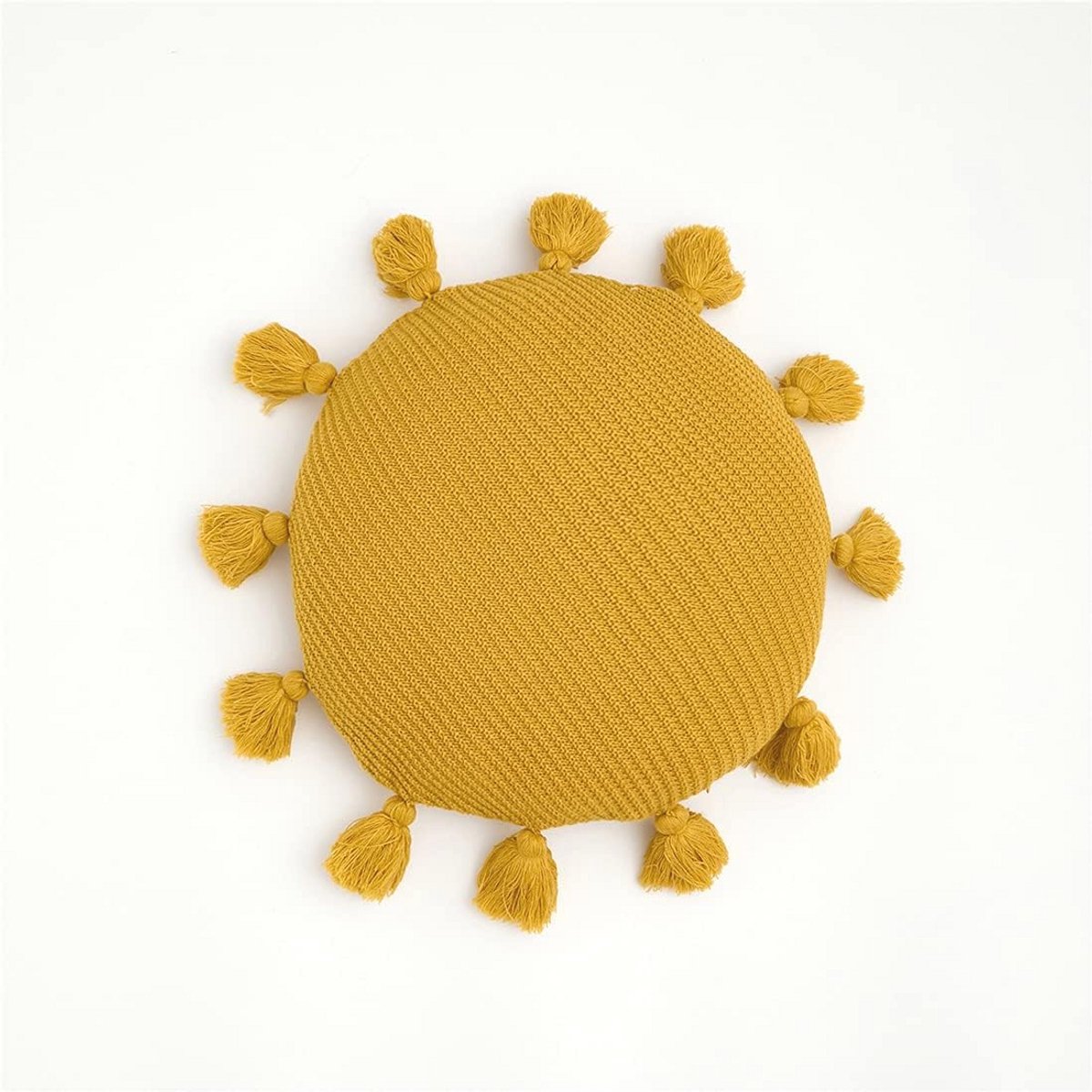 Decoratief rond sierkussen met franjes en getextureerde inzetstukken - Geel, Diameter 40,6 cm voor Slaapkamer, Woonkamer en Balkon