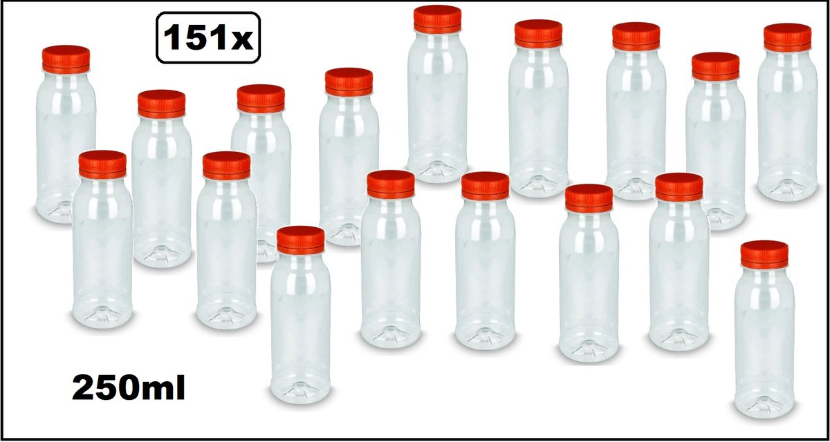 151x Flesje PET 250cc met oranje dop - 250ml - Sap water gerecyclede drink fles vruchten limonade drank festival uitdeel party