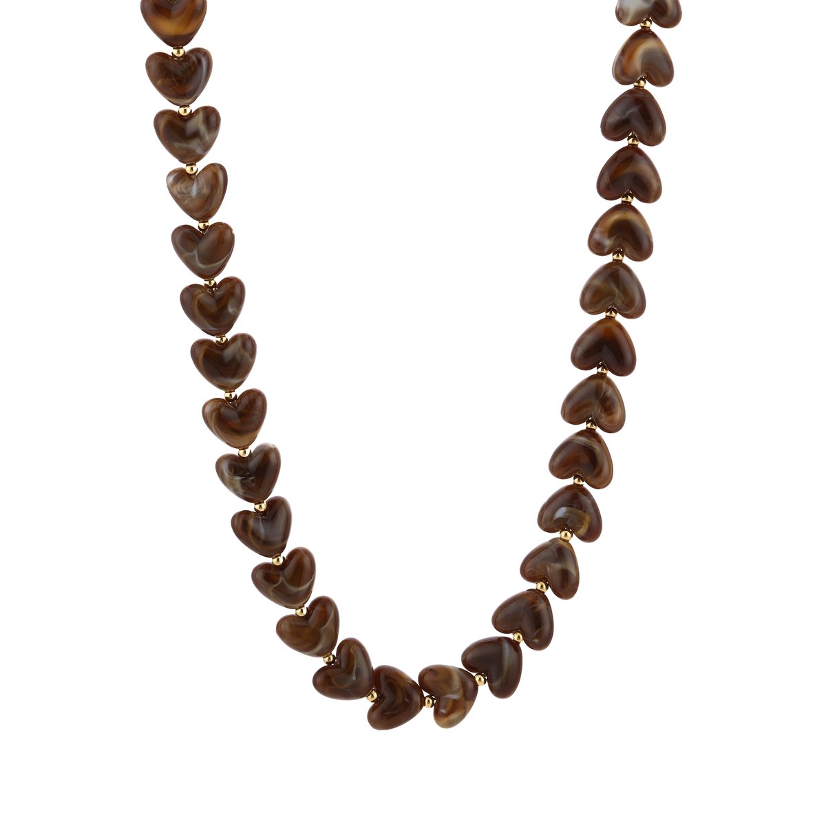 Halsketting Hartvormige Kralen - Goud / Bruin - Stainless Steel - Verkleurt niet - Cadeau - - 40 + 5 cm