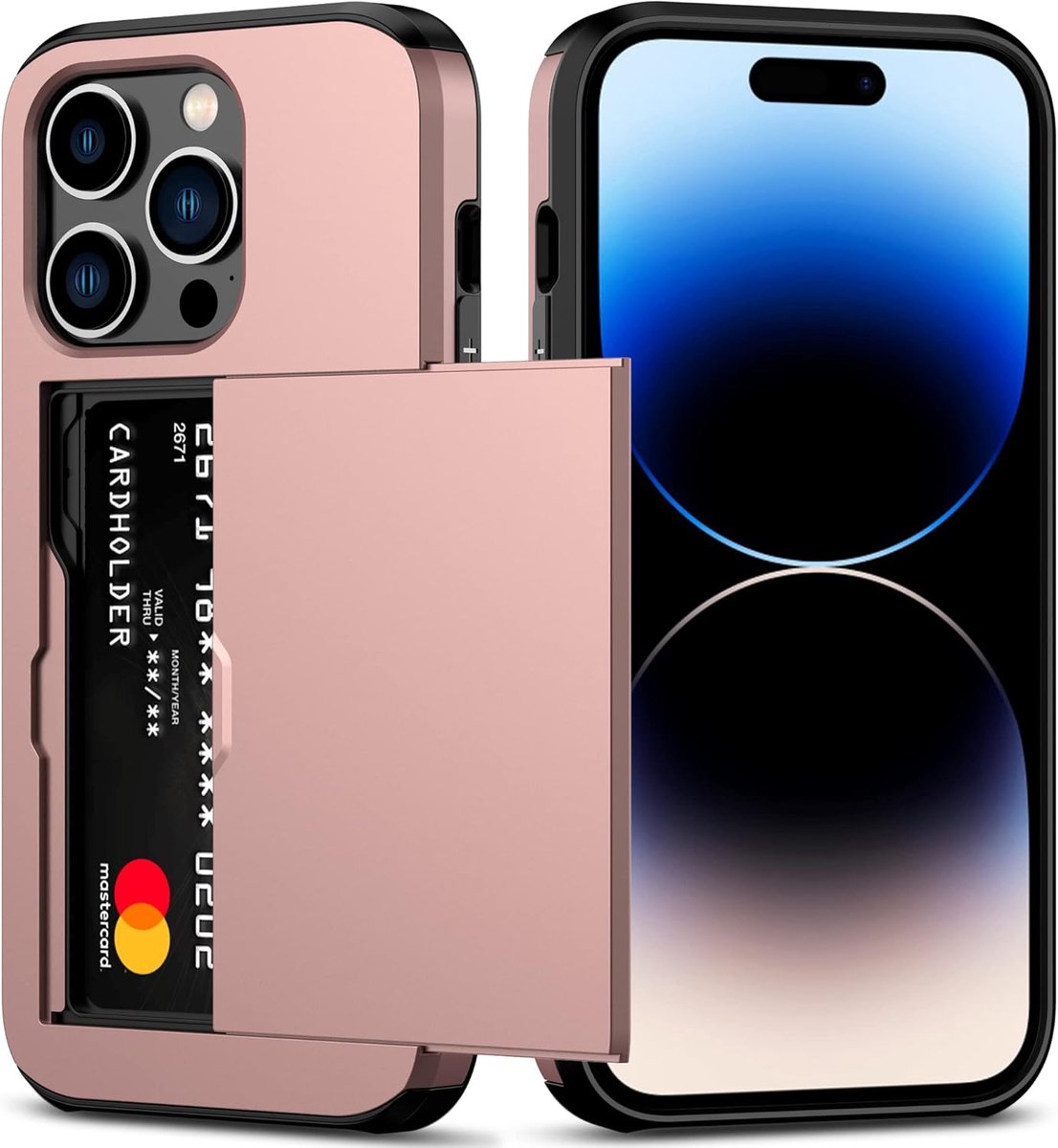 YPCd Hardcase Pasjeshouder Hoesje – Geschikt voor Apple iPhone 15 Pro – Shockproof Backcover met Verborgen Kaartvak – Roze