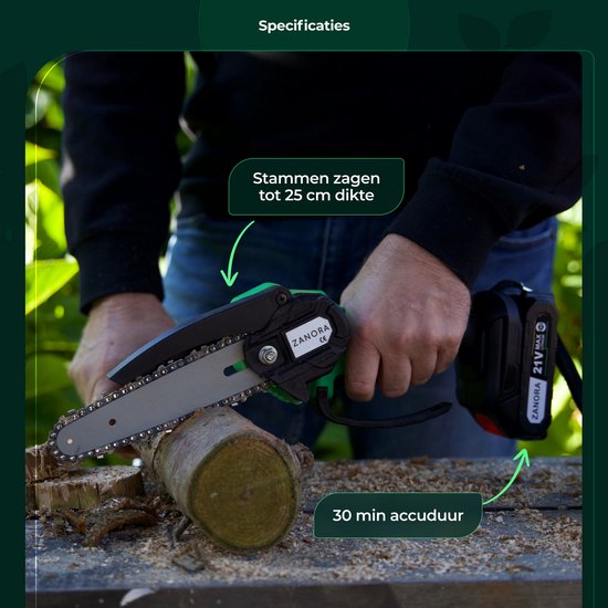 Zanora® Mini Kettingzaag 21V Inclusief 2 Led-Accu's - 15 cm Bladbreedte - Snoeizaag -Geschikt voor Makita Accu's - Inclusief 2 Kettingen - Takkenzaag van Zanora — afbeelding 3