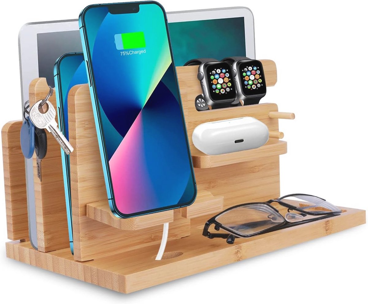 Bamboe Dockingstation voor Meerdere Apparaten - Bureau Organizer en Sleutelhouder