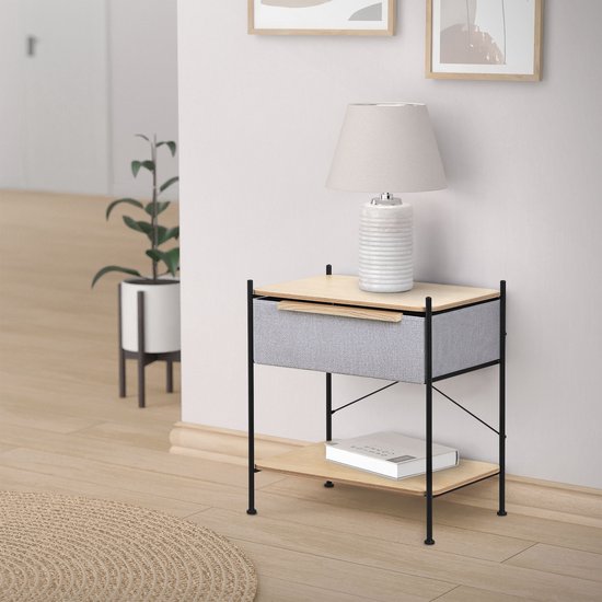 Table de chevet 62 x 67,5 x 42,5 cm chêne, structure en acier et MDF, tiroir en tissu, ML Design