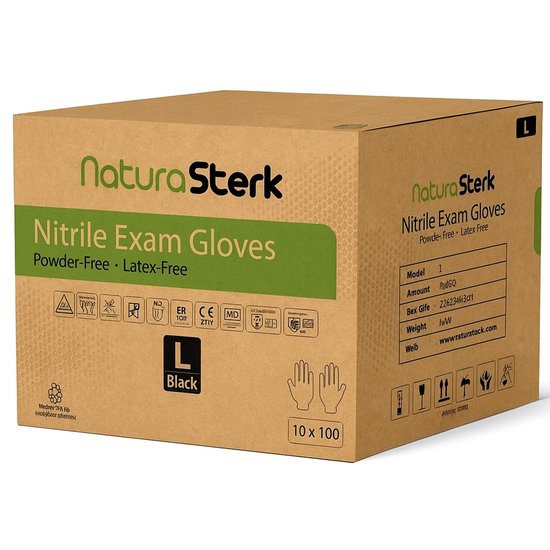 Gants jetables NaturaSterk - Gants en Nitril taille L - 3,5 g - Paquet de 10 x 100 pièces - Sans poudre - Sans latex - Non stériles - Zwart