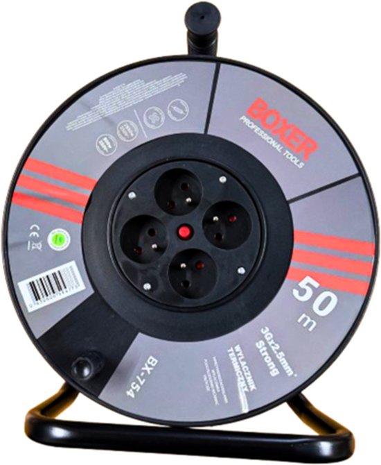 Enrouleur de câble Boxer - Rallonge de Jardin - 4 Prises électriques - 50 mètres - 3x2,5mm