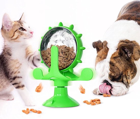 Distributeur interactif de friandises pour chats - jouet d'alimentation à ventouse rotatif à 360° anti-fuites - conception multi-roues (vert)