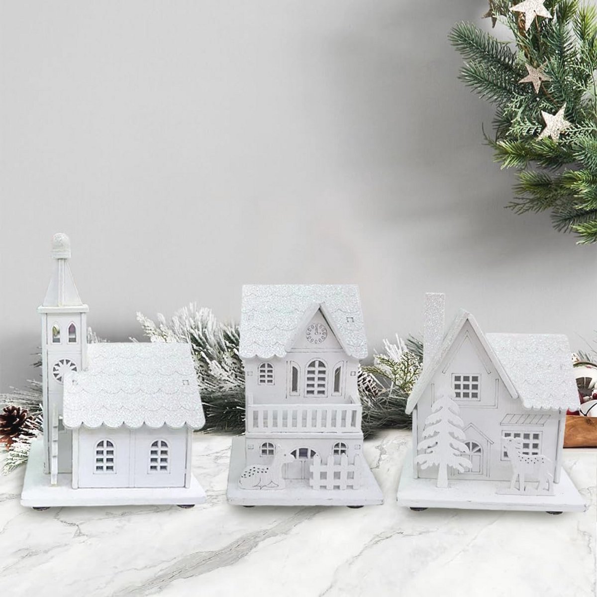 Set van 3 kerstdorpen met verlichting - kabouterhuis met licht - led-houten kerstdecoratie - kerstdecoratie - Amerikaanse kerstdecoratie - binnendecoratie - mini-kerststad – foto 5