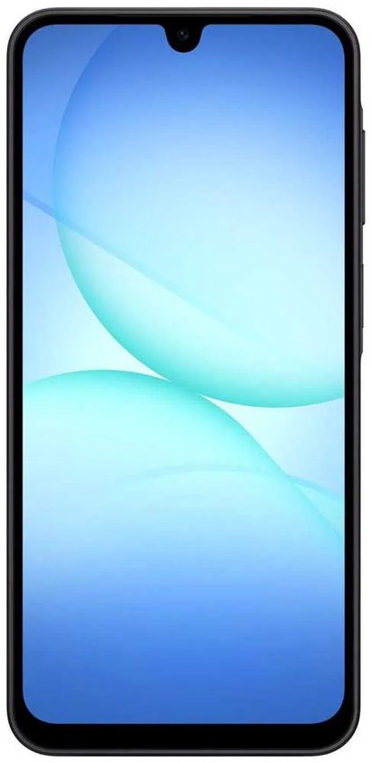 Zwarte Samsung smartphone, voorkant met scherm, scherm toont 'Galaxy A17'.