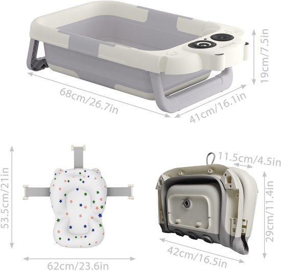 Babybadje Babybadje Badkuip Opvouwbaar Ergonomisch badje Kinderbadje Met badmat Touchscreen LCD-display Voor pasgeborenen, grijs + wit — afbeelding 4