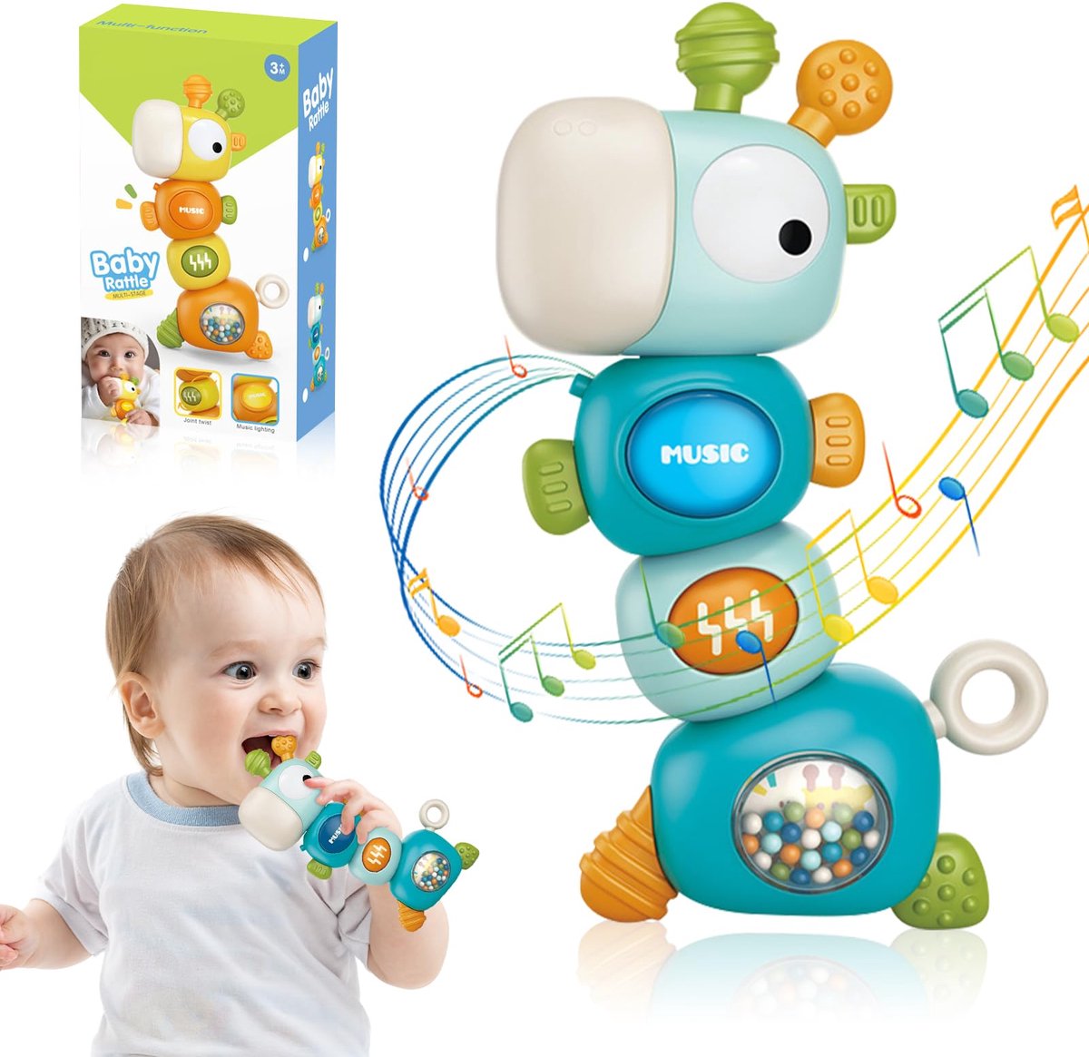 Kraftverdia - Montessori Speelgoed vanaf Baby 6 - 9 - 12 - 36 maand - Educatief speelgoed voor baby's - Baby-bijtspeeltjes - Baby sensorisch speelgoed - Muzikaal bijtspeeltje voor baby's - De vorm van een giraffe - Blauw - Verjaardagscadeau voor baby