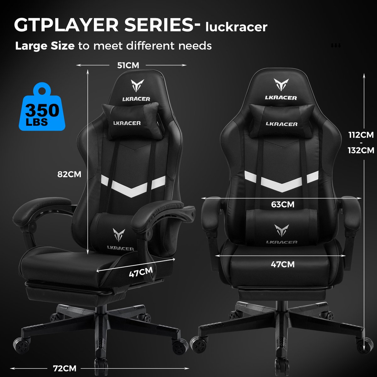 LUCKRACER Gaming Bureaustoel met Lendensteun - Zwart - afbeelding 3