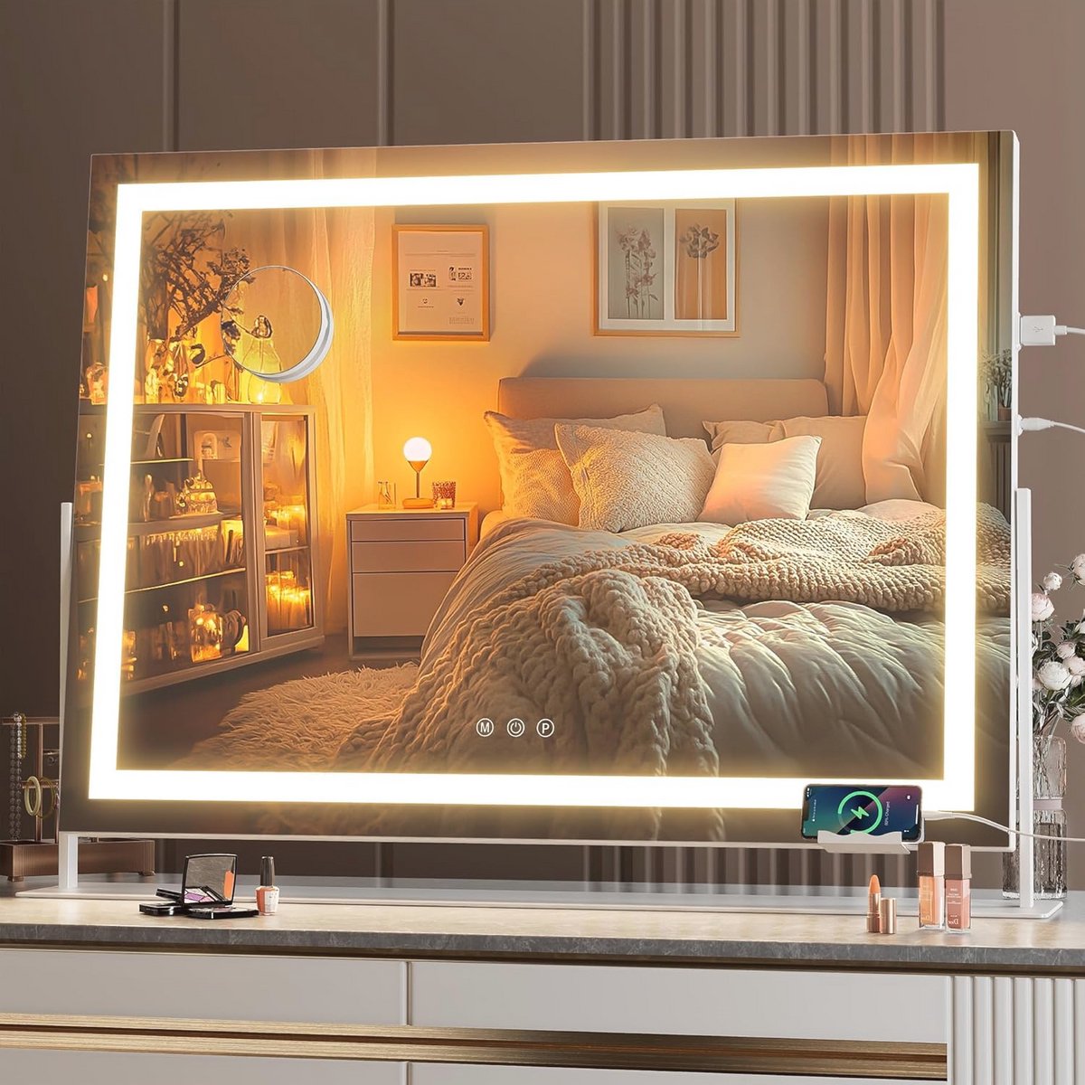 Verlichte make-upspiegel met 10x vergroting en dimbare LED verlichting