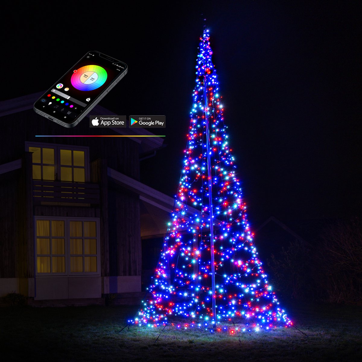 Lumedi 1200 Smart Luxury – LED Kerstboom Buiten – Vlaggenmast Kerstboom - 6 meter - 1200 Multicolor Led Lampjes – App-bediening – Kerstverlichting voor buiten