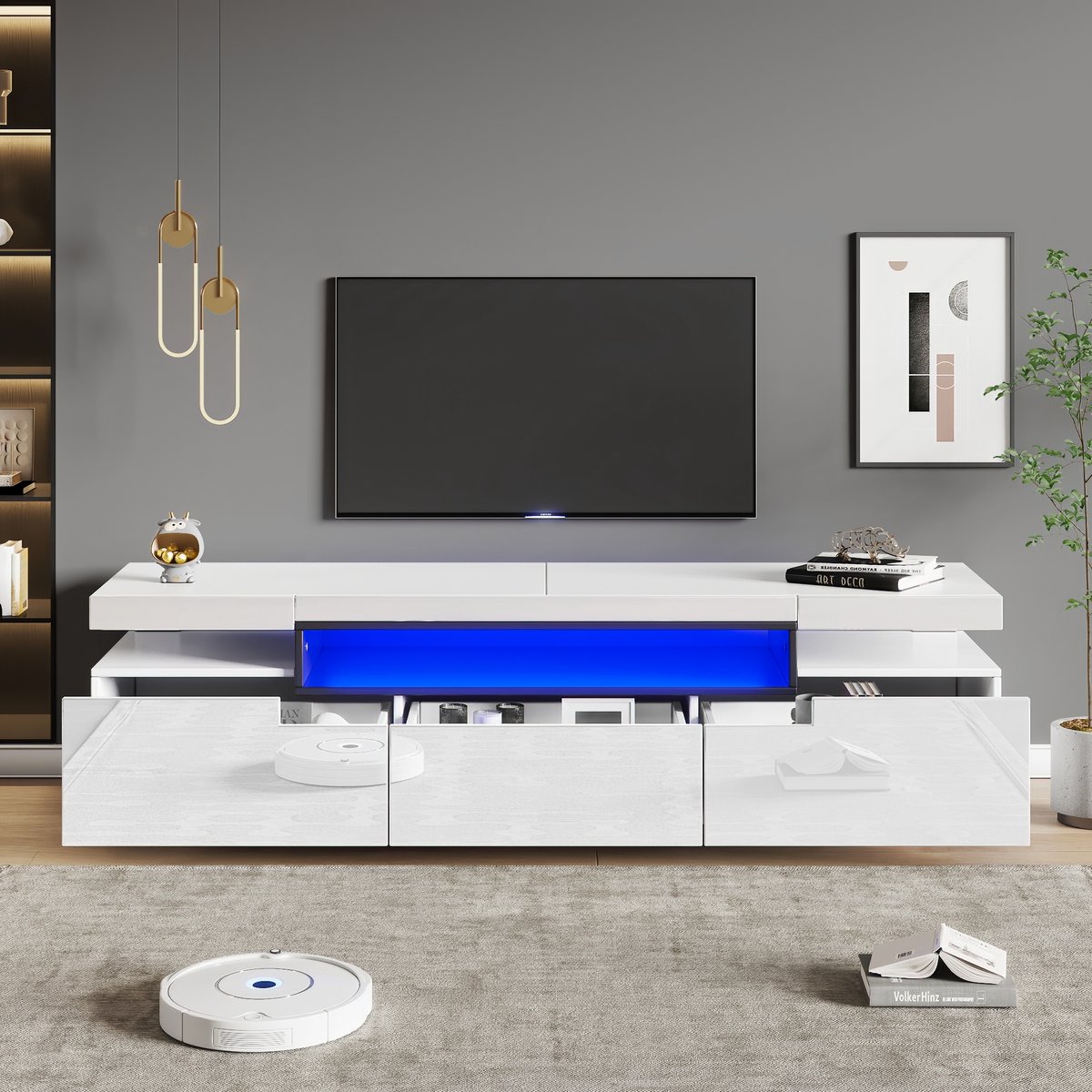 MODFU TV-meubel 160x39x42 cm van spaanplaat, hoogglans wit met 16-kleur LED en 3 lades met rails