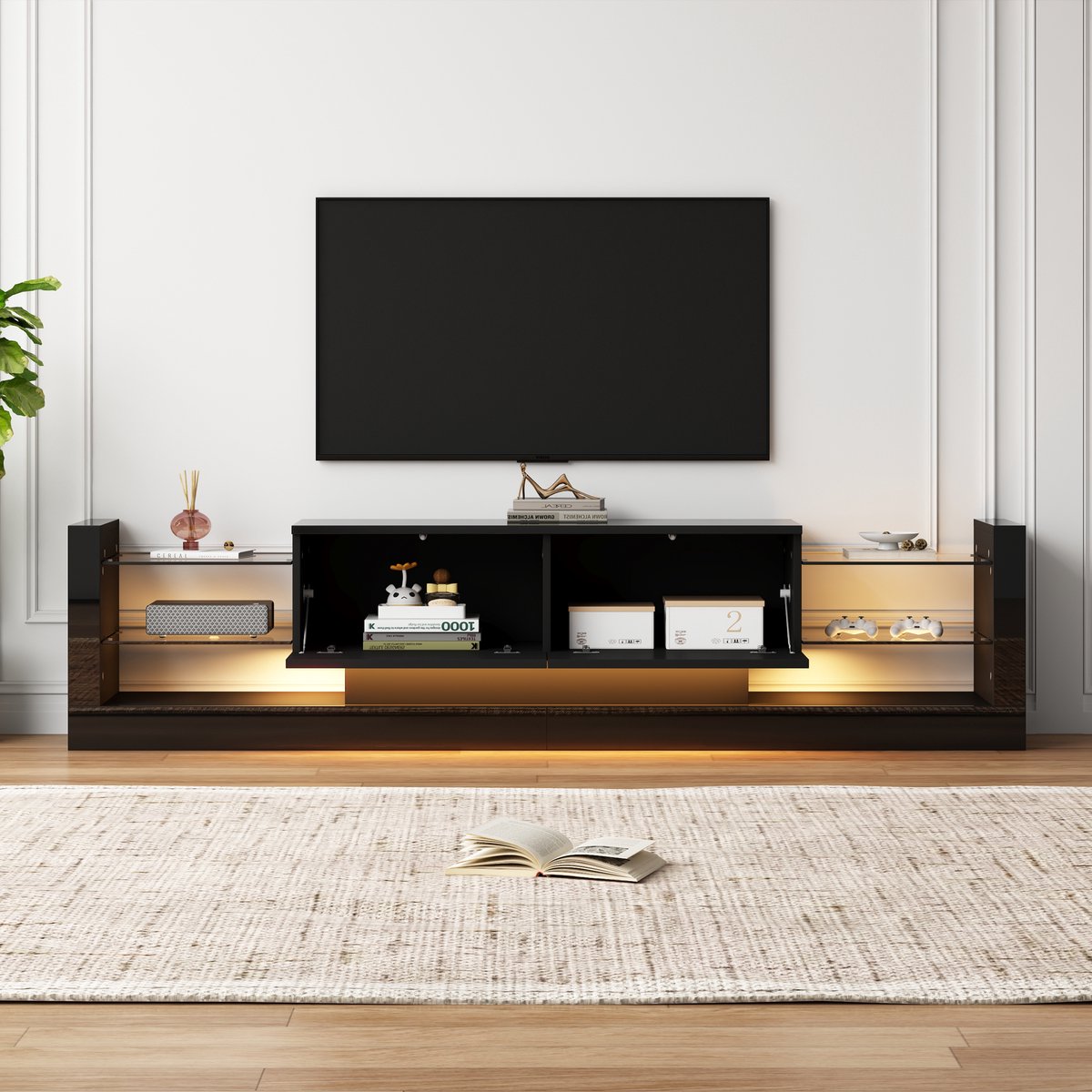 MODFU Luxe Zwevend TV-Meubel met LED Verlichting (181 cm) - Hoogglans Zwart - TV Kast voor 80 Inch - Modern Design