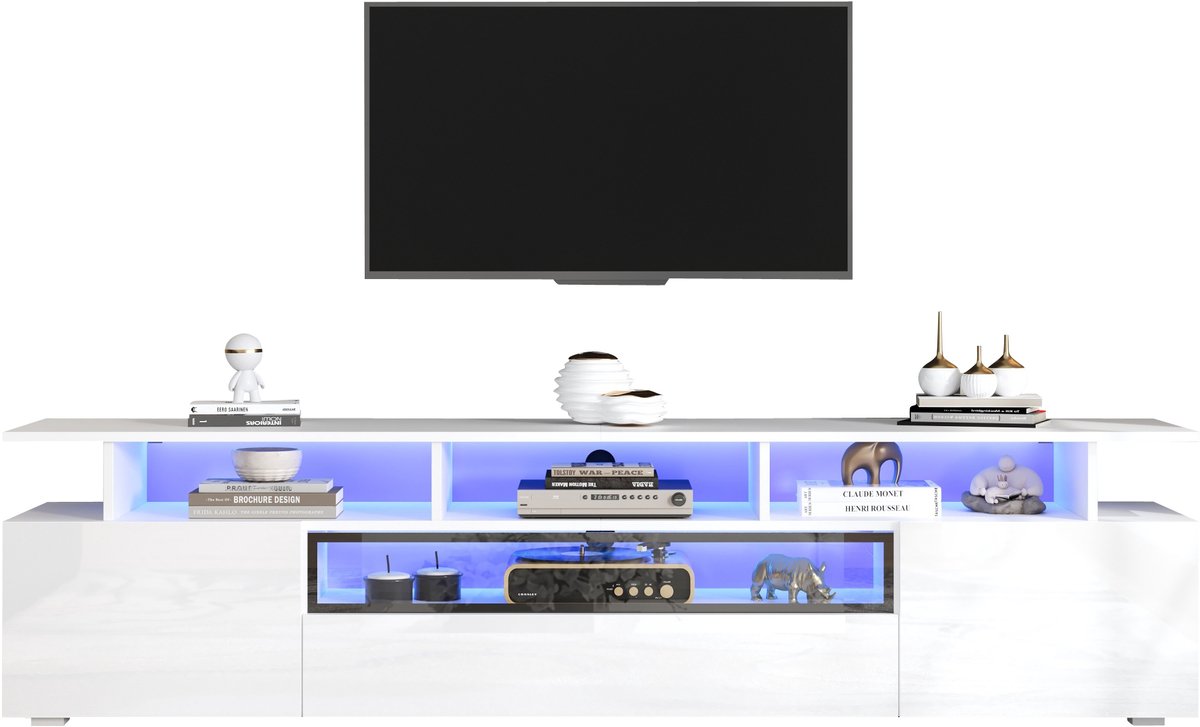 MODFU TV-meubel 180x38x45 cm van spaanplaat met hoogglans front, modern, 2 kasten, 1 lade en LED Wit