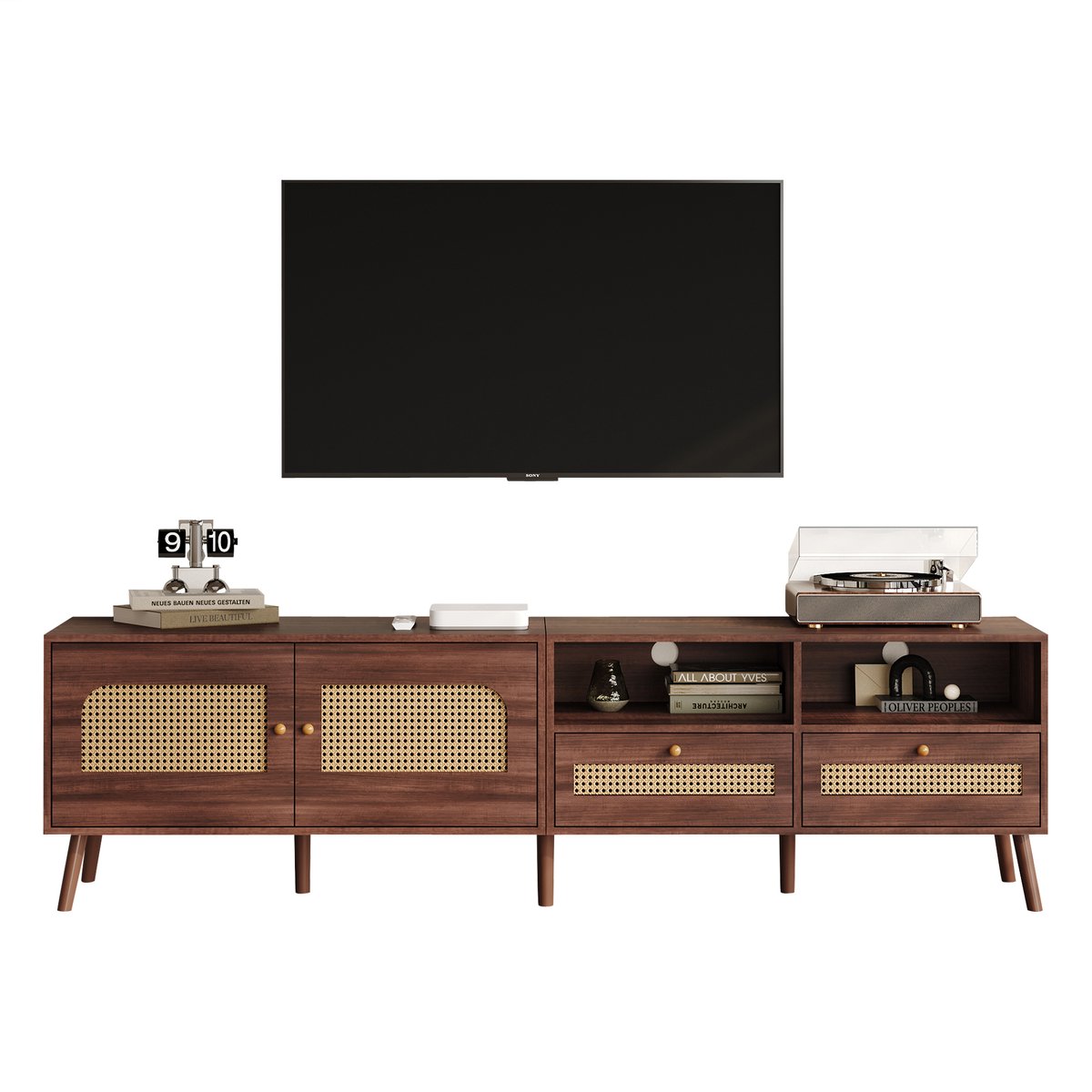 MODFU TV-meubel 200 x 37 x 49,5 cm van spaanplaat en rotan, bruin, 2 deuren en 2 laden, modern