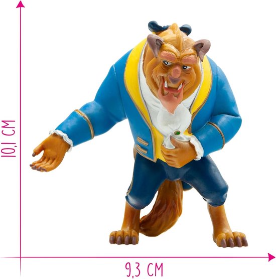 Het Beest in blauw jasje met gele biezen, witte kraag en manchet, donkerblauwe broek, bruine staart. Afmetingen 10,1 cm hoog en 9,3 cm breed.