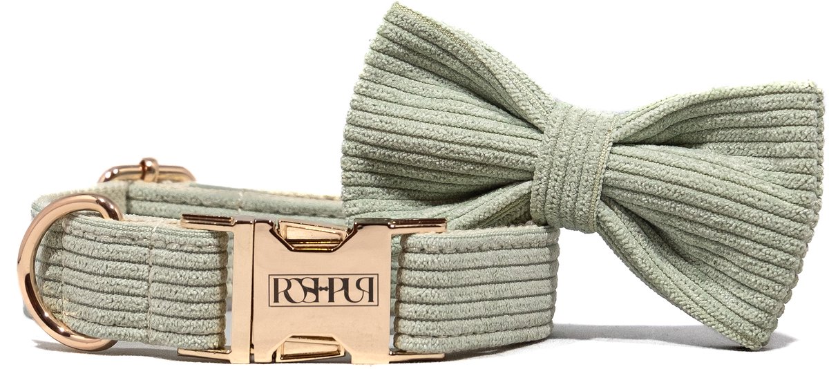 POSHPUP® - Corduroy Hondenhalsband met Strik - Matcha Groen - Maat XL - Roestbestendige metalen kliksluiting - Voor Kleine en Grote Honden