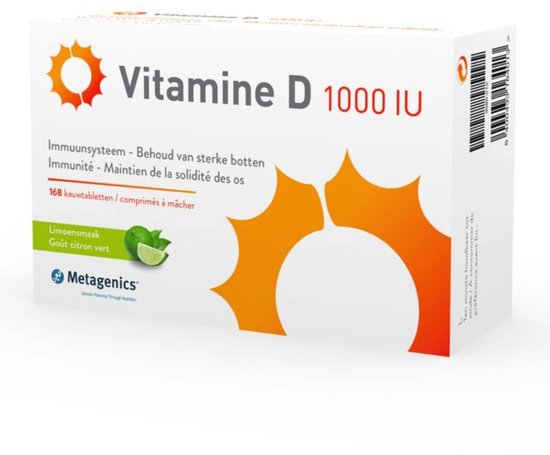 Doos met Vitamine D 1000 IU, limoensmaak, 168 kauwtabletten. Wit met oranje cirkels, bevat barcode.