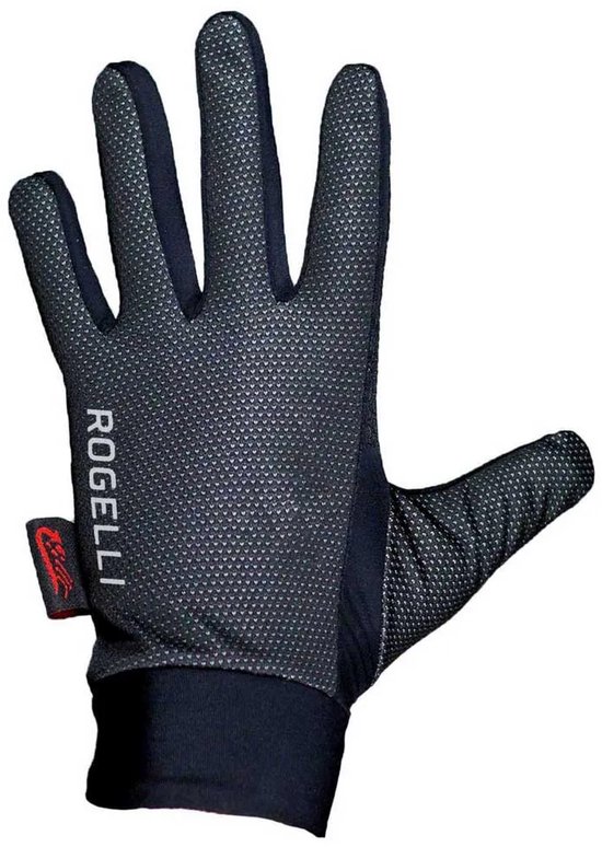 Zwarte Rogelli fietshandschoen met gestippeld patroon, rode label en logo.