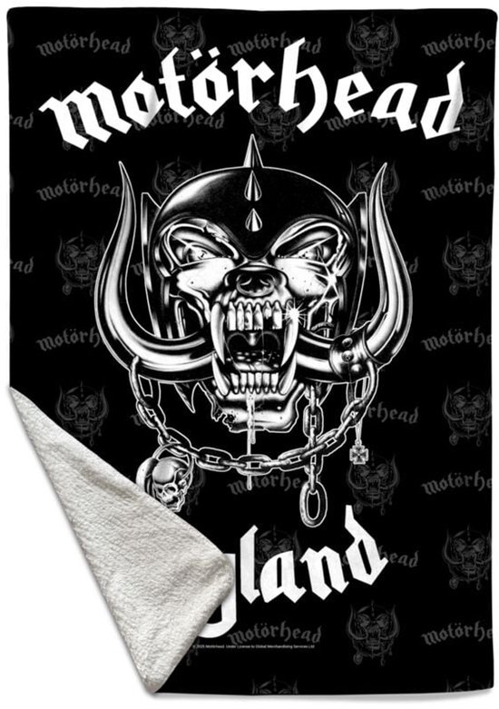 Zwarte deken met het Motörhead 'Snaggletooth'-logo en de tekst 'England' in witte gotische letters. De binnenkant is zacht.