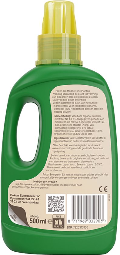 Groene fles Pokon Mediterrane plantenvoeding, 500ml. Met gele dop en witte tekst.