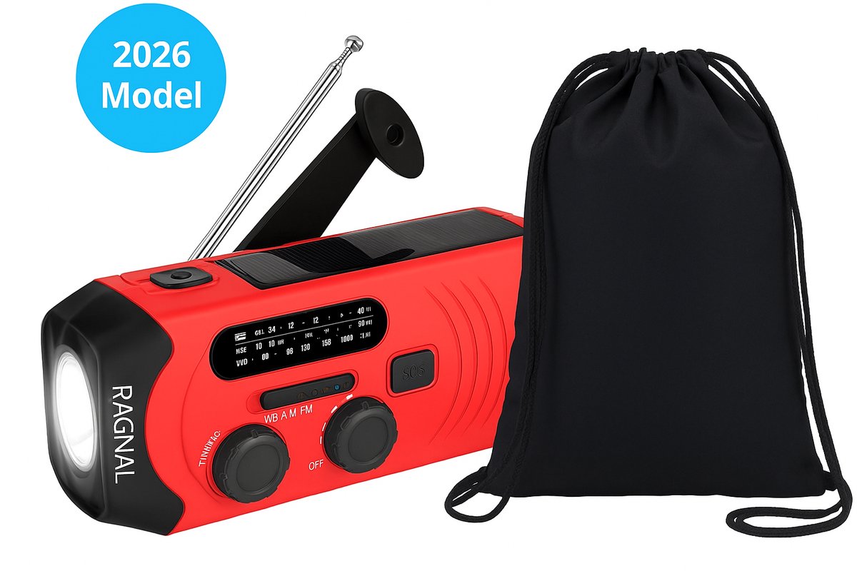 Ragnal Noodradio - Powerbank op Zonne-energie - Noodradio Solar Opwindbaar - Noodpakket - Draagbare Radio - Dynamo SOS functie - 2000 mAH - Duurzaam- Gratis Tas - Model 2024
