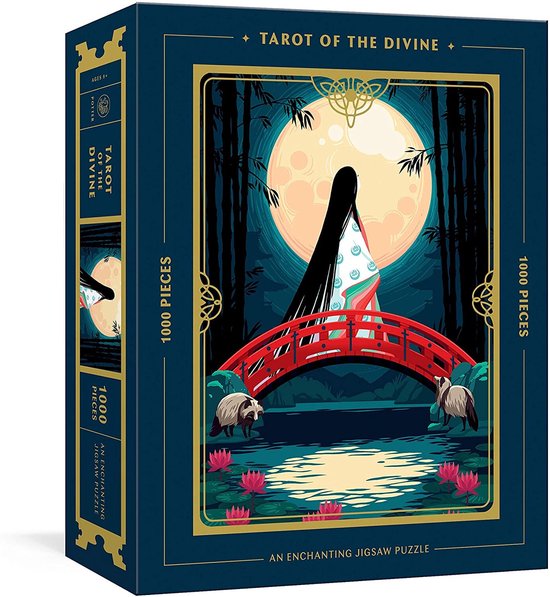 Puzzeldoos met de titel 'Tarot of the Divine', 1000 stukjes. Afbeelding van een vrouw met lang zwart haar, staand op een rode brug bij volle maan, met twee dieren en lotusbloemen.