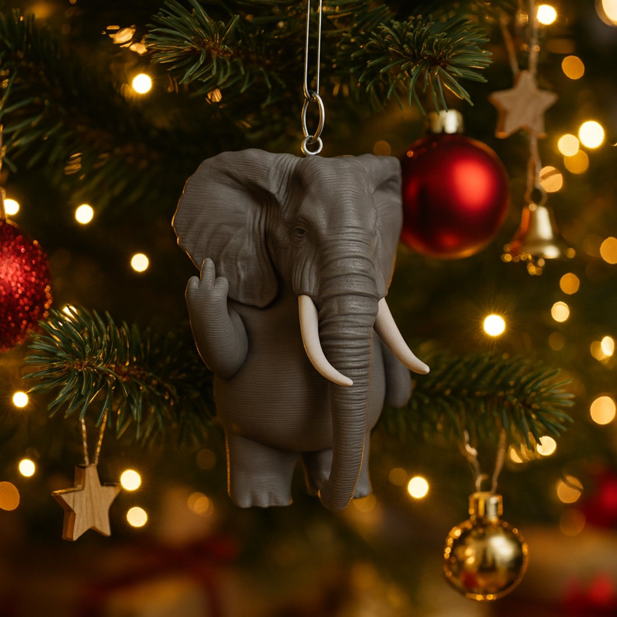 AnimalsAttitude – Middelgrote Olifant Kersthanger met Middelvinger – 3D-geprint PLA Beeldje – Humoristische Kerst Decoratie