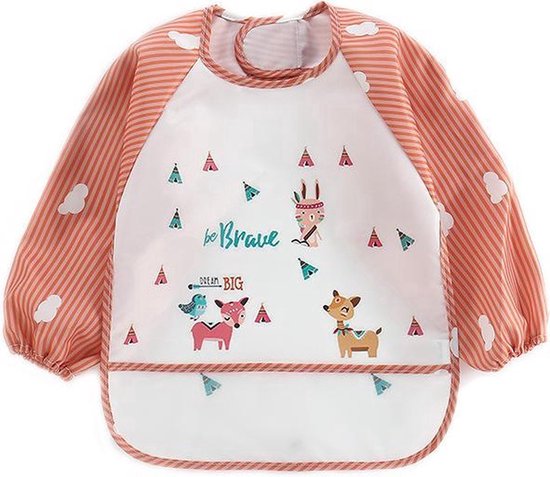 Slabbetje met lange, oranje gestreepte mouwen met witte wolkjes en een print van een hertje.