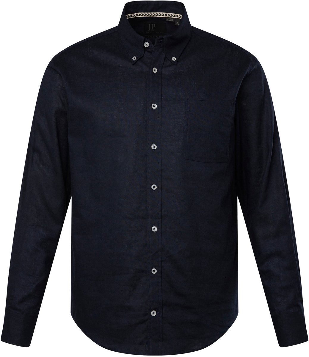 JP 1880 - Heren - Overhemd van een linnenmix lange mouwen button-down kraag - Donkermarine - Maat 8XL