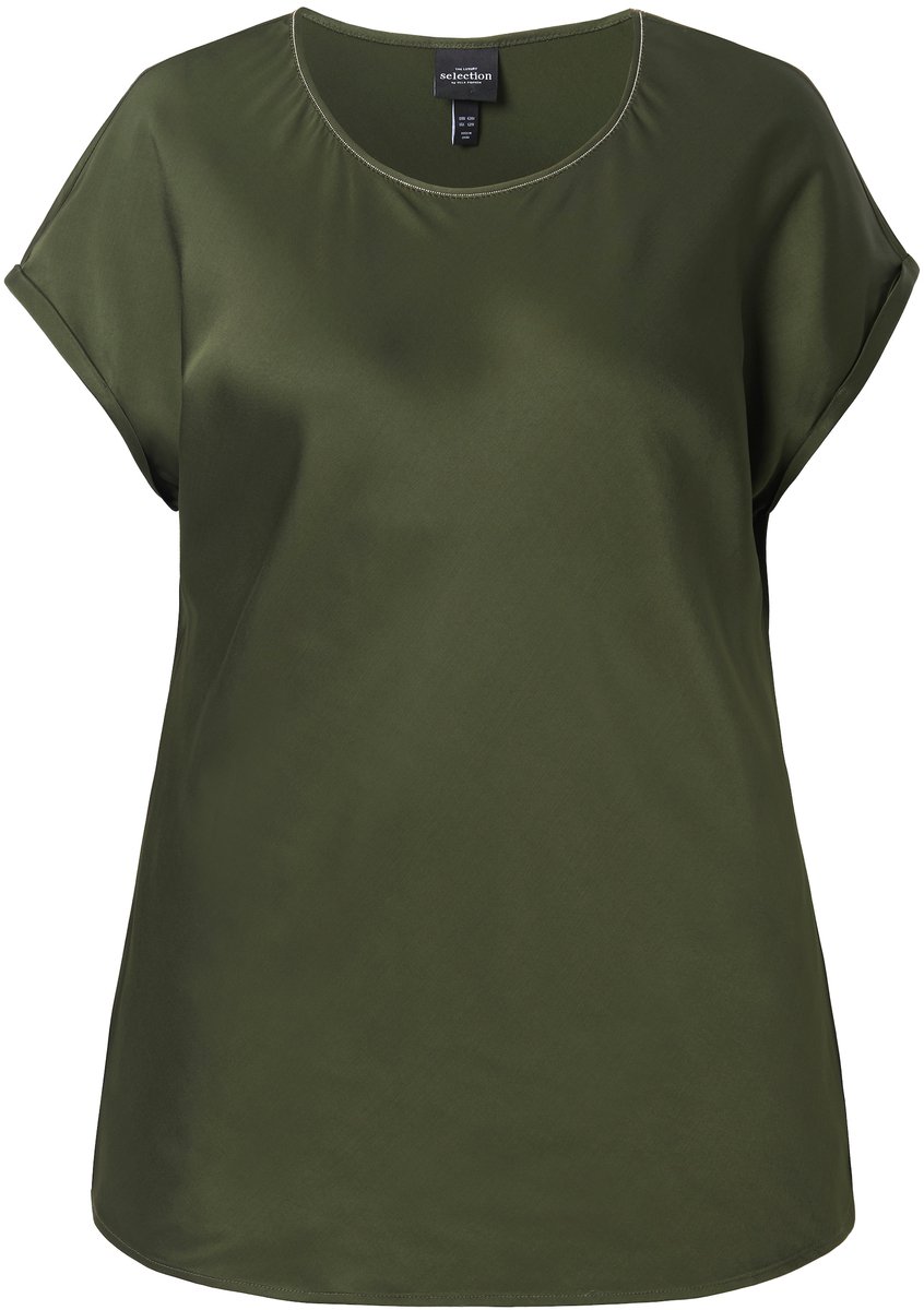 Ulla Popken - Dames - Satijnen overhemdblouse classic ronde hals met glitternaad - Donkerolijf - Maat 42+