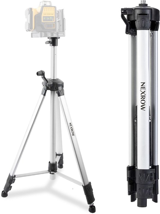Een NEXROW kruislijnlaser op een zilverkleurig aluminium statief, met daarnaast het opgevouwen statief.