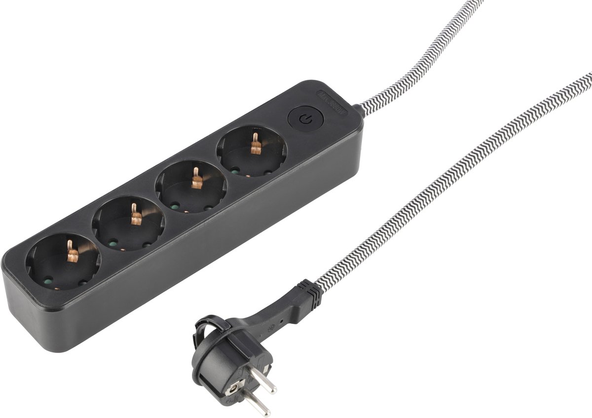 Q-Link stekkerdoos - 4-voudig - randaarde - plat - 3 x 1.5 mmÂ² - 3 m - textiel - zwart/wit