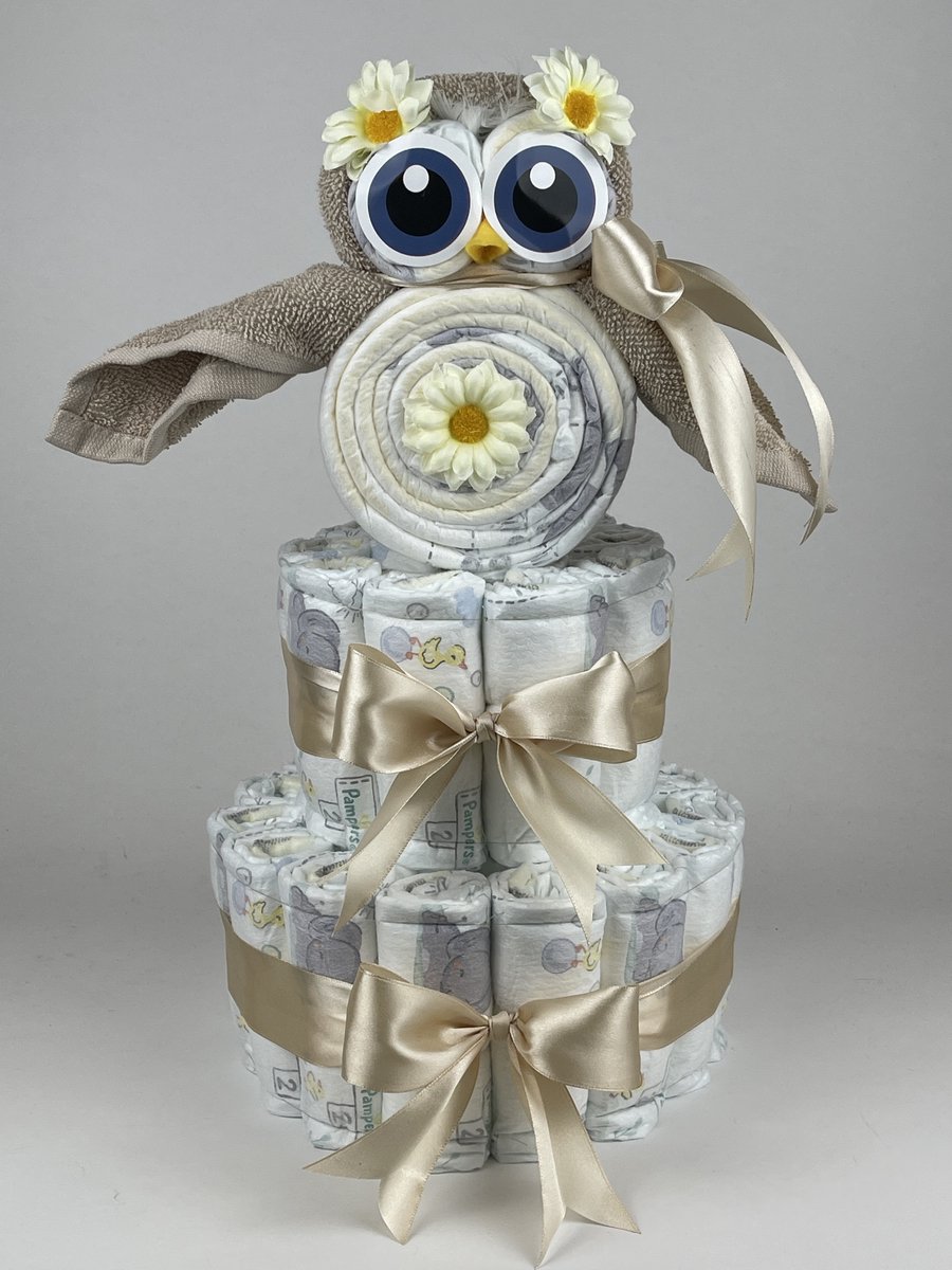 Chouette-Chouette | Luiertaart Neutraal | Kraamcadeau | Geboorte Jongen Meisje | Babyshower | Uil Cream - Beige