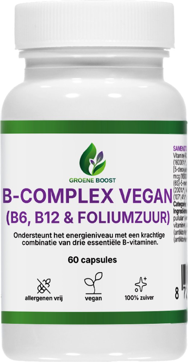 Groene Boost B-Complex Vegan Supplement – 60 Capsules – B-Complex Vitamine B6 Vitamine B12 Foliumzuur Vegan