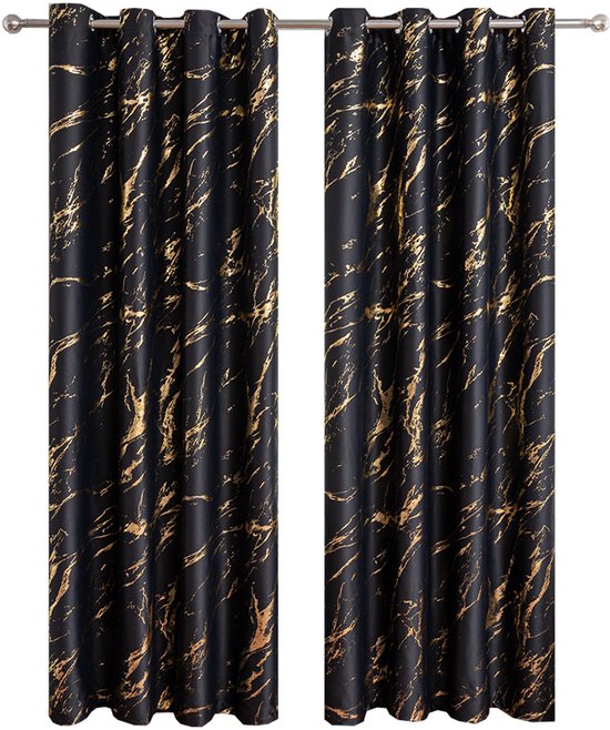 Verduisteringsgordijnen met twee panelen en goudkleurige marmerprint, ringen, geschikt voor zonwering in de woonkamer - 100 cm x 130 cm
