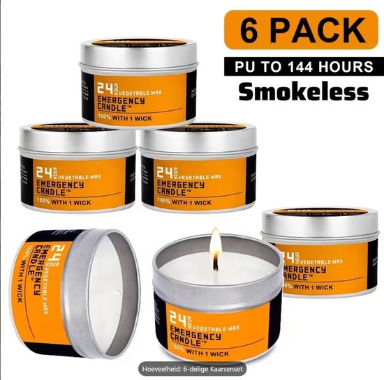 Noodkaarsen 6-Pack – 24 Uur per Kaars (144 Uur Totaal) – Rookloos – Plantaardige Was – Ideaal voor Noodsituaties, Kamperen & Overheid Noodpakket
