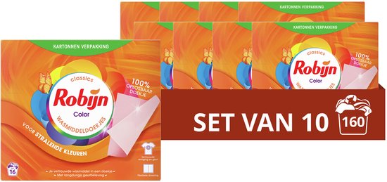 Robijn Classics Color Wasmiddeldoekjes - 10 x 16 wasstrips - Voordeelverpakking