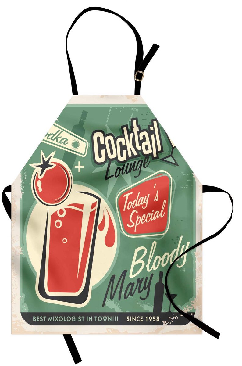 ABAKUHAUS Retro-keukenschort, Poster Bar Art – voor de hedendaagse speciale, beroemde cocktail Bloody Drink en Vodka, in hoogte verstelbaar, machinewasbaar, geen verkleuring, Groen/Rood