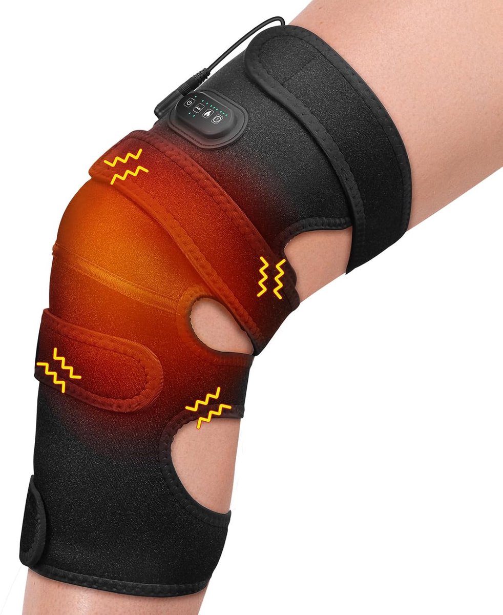Verwarmde kniebandage met vibratiefunctie voor pijnverlichting, voorzien van een groot verwarmingskussen, vier motoren, vijf massagestanden en een 12V-stekkervoeding. Speciaal ontworpen voor verlichting van artritis.