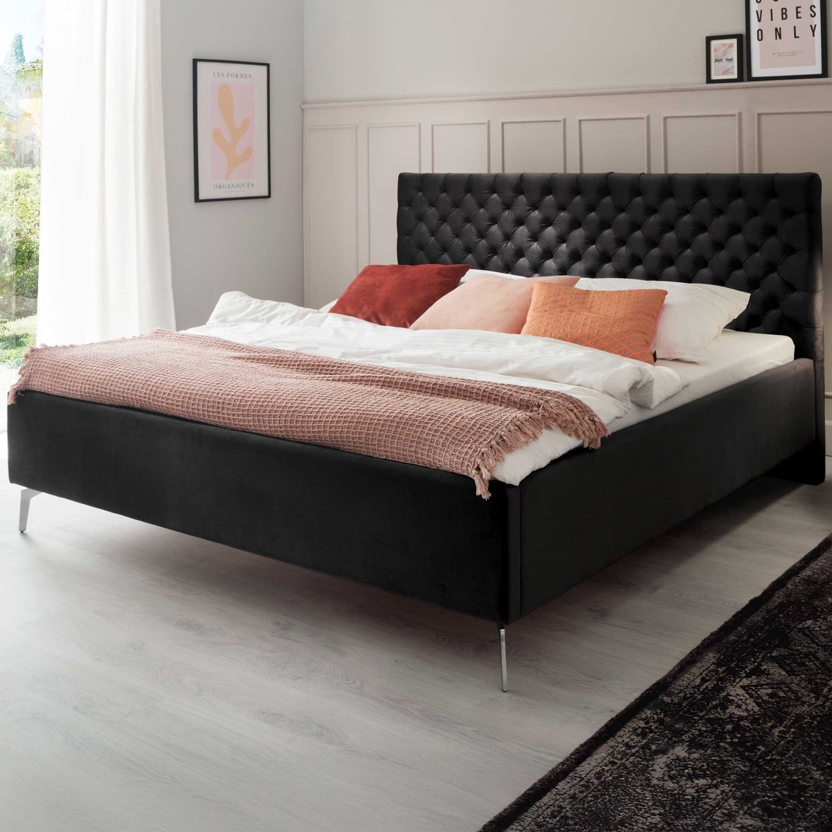 Tweepersoonsbed Janice Met Opbergruimte 180x200cm - Zwart - Meise - Tweepersoons Gestoffeerd Bed - Zwart - Textiel Tweepersoons Normaal Bed