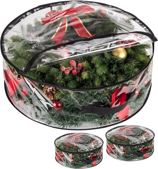 Marooma 2 stuks kerstkrans opbergtas, 20 inch kunstkrans, opslagcontainer voor vakantie, slinger, container met doorzichtig venster, versterkte brede handgreep en dubbele slanke rits