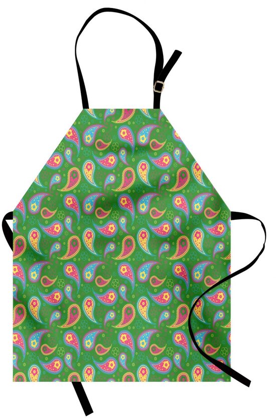 ABAKUHAUS Paisley-tablier de cuisine, forme de larme avec pointe courbe et fleurs simples sur fond vert, résistant à la couleur, hauteur réglable, lavable, impression numérique claire, multicolore