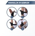 Vier stappen illustreren hoe de zwarte duimbrace om de hand wordt gedaan.