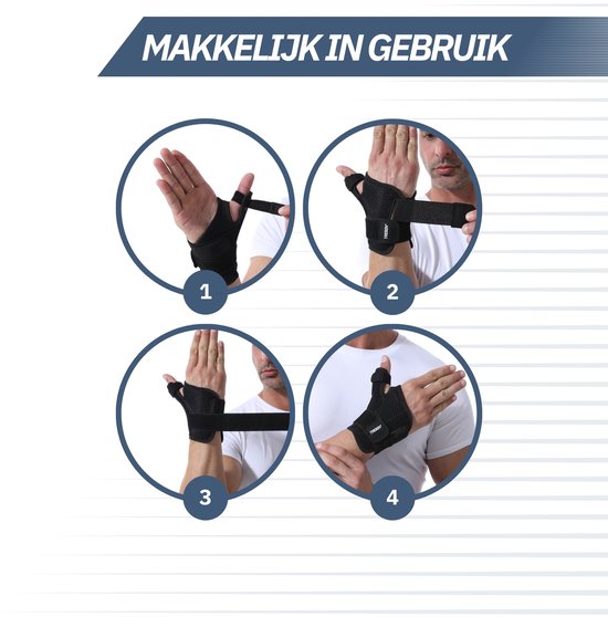 Vier stappen illustreren hoe de zwarte duimbrace om de hand wordt gedaan.